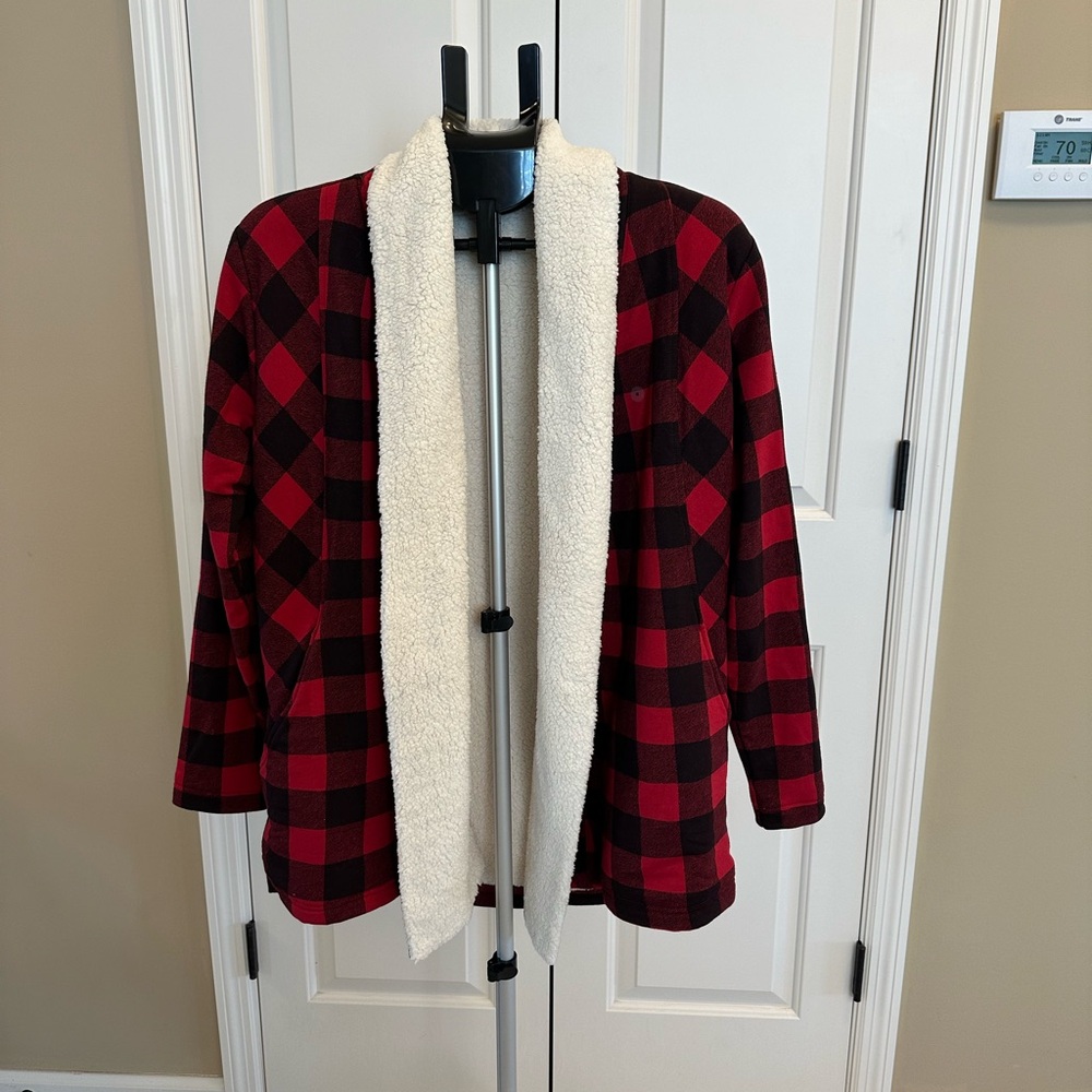 Eddie Bauer Red and Black Plaid Teddy Jacket with Cream Collar